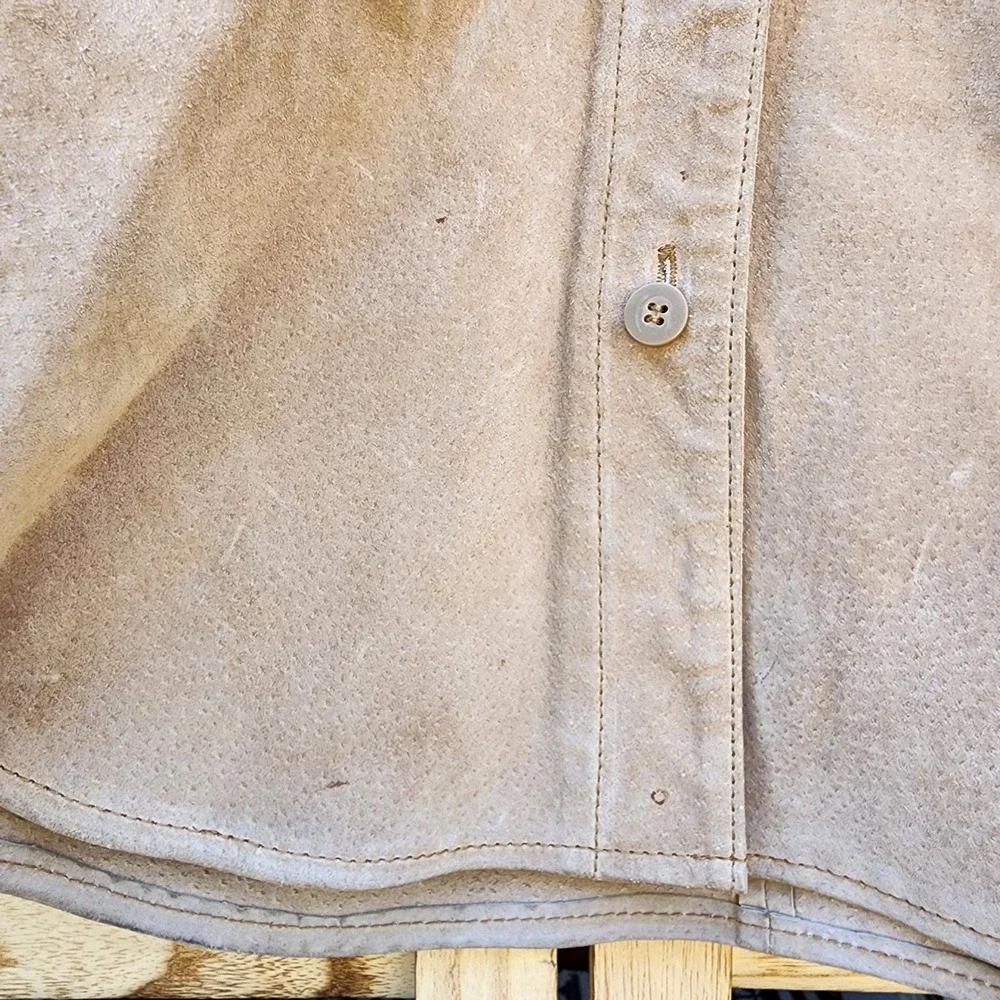 New Frontier Large Tan 100% Suede Leather Shirt Jacket Western Boho Minimalist